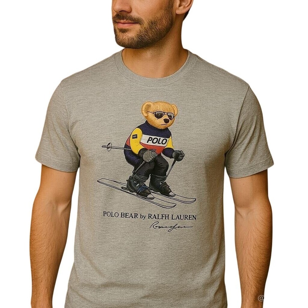 Polo‎ Ralph Lauren Bear Skiing Graphic T-Shirt Crew Neck Tee Gray Men's XXL